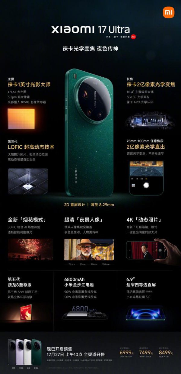 小米17 Ultra手机发布：挑战“2026最强主摄”，6999-8499元